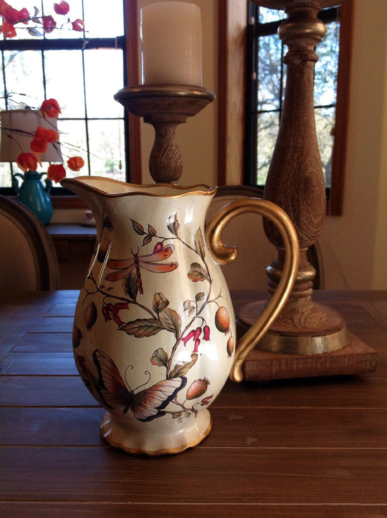 Cream Floral with Butterfly Ceramic Decorative Beautiful Vase or Pitcher