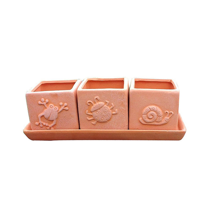 Terracotta Set of 3 Small Square Planters or Herb Square Pots with Tray