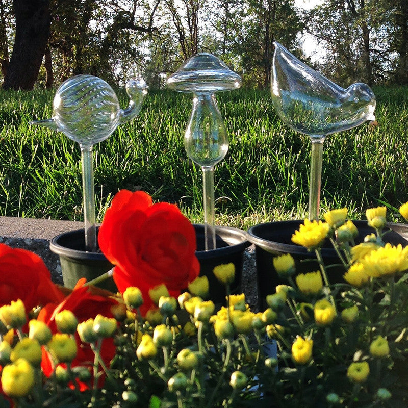 watering globes for small plants Set of 3 Small Hand Blown Glass Self Watering Globes in Shape of Mushroom, Bird, Snail
