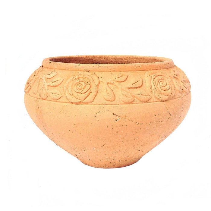 Heavy Hand Pressed Ancient Terracotta Round Flower Planter Available in Two Sizes.