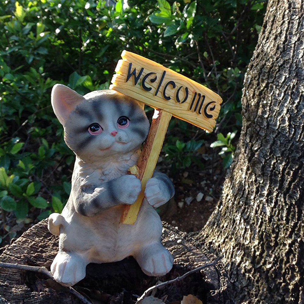 Decorative Kitten with Welcome Plaque Sculpture Statue