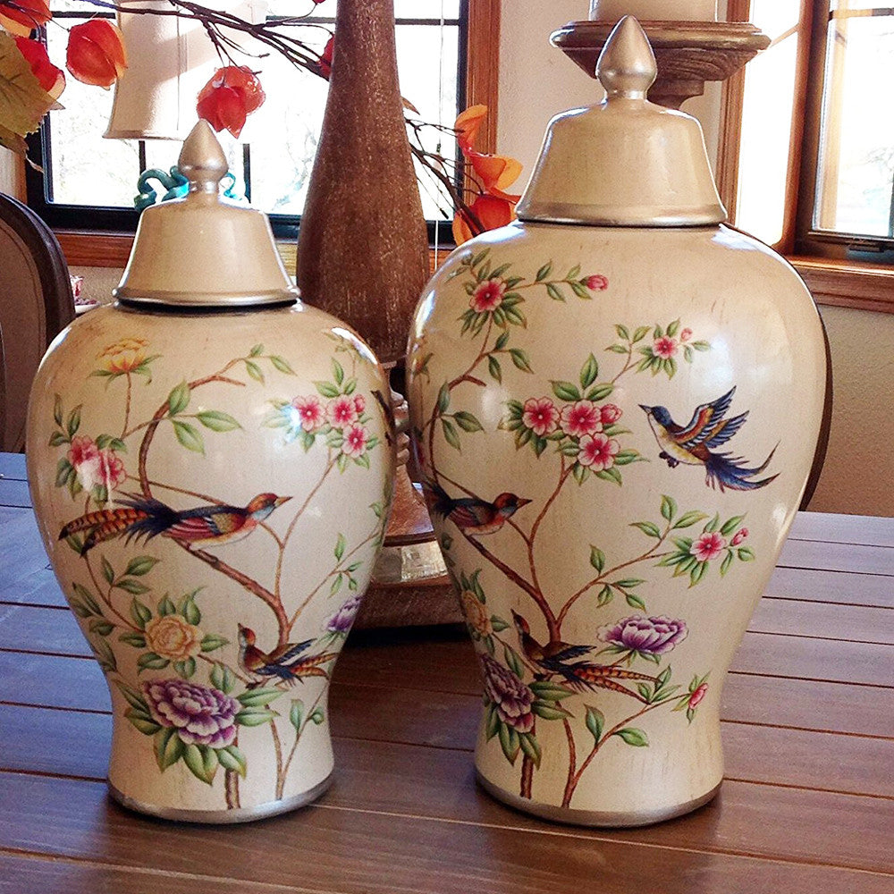 Elegant Cream Floral Highlighted Storage Jar or Urn for the Designer Home, 2 sizes available