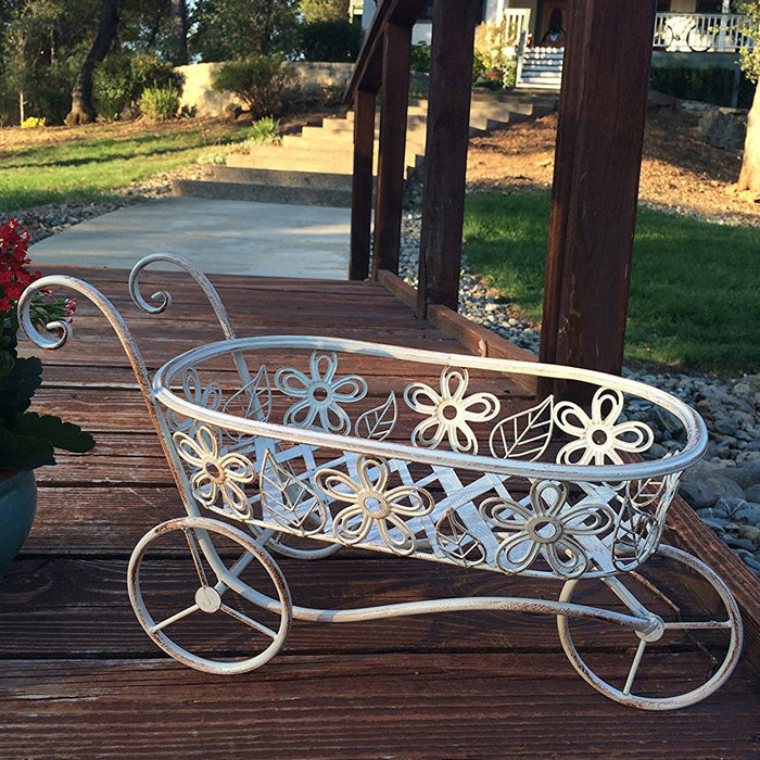 Antique White Iron Race Track Wheelbarrow Shaped Basket and Planter Holder