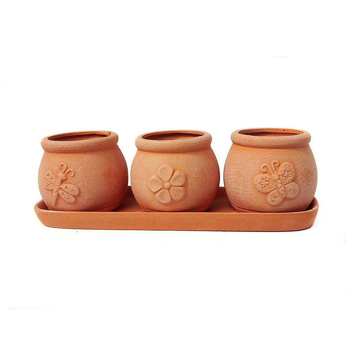 Terracotta Clay Set of 3 Small Round Embossed Earthenware Planters or Herb Pots and Tray
