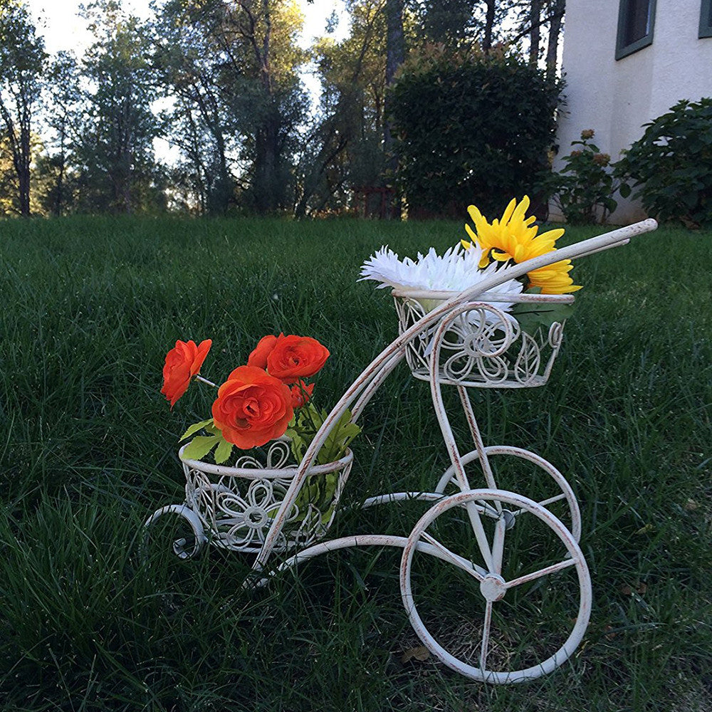 Antique White Iron 2 Handled Shaped Double Basket Planter Holder