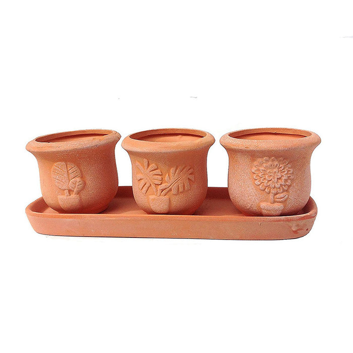 Terra Cotta Clay Set of 3 Small U Shape Embossed Earthenware Planters or Herb Pots and Tray