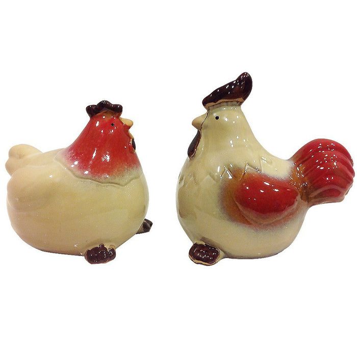 Set of 2 Country Ceramic Rooster and Hen Couple Figurines