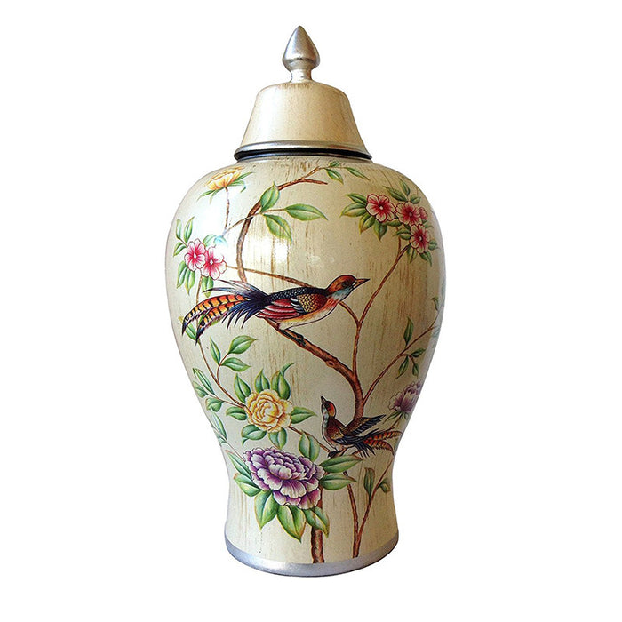 Elegant Cream Floral Highlighted Storage Jar or Urn for the Designer Home, 2 sizes available