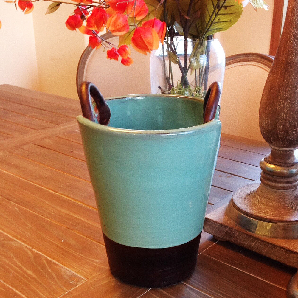 Hand-thrown Ceramic Glazed Vase or Storage Container with Looped Handles