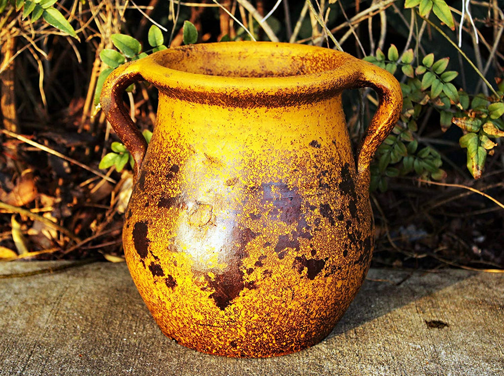 Egyptian Era Designed Earthen Ware Terra-Cotta Vessel/Planter with Looped Handles ,Tulip Pumpkin Yellow