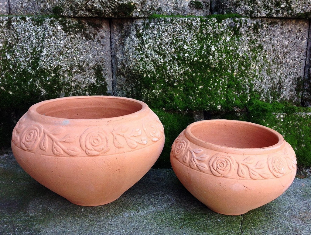 Heavy Hand Pressed Ancient Terracotta Round Flower Planter Available in Two Sizes with 2 colors