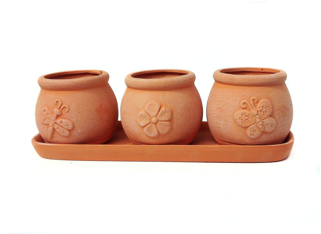 Terracotta Clay Set of 3 Small Round Embossed Earthenware Planters or Herb Pots and Tray