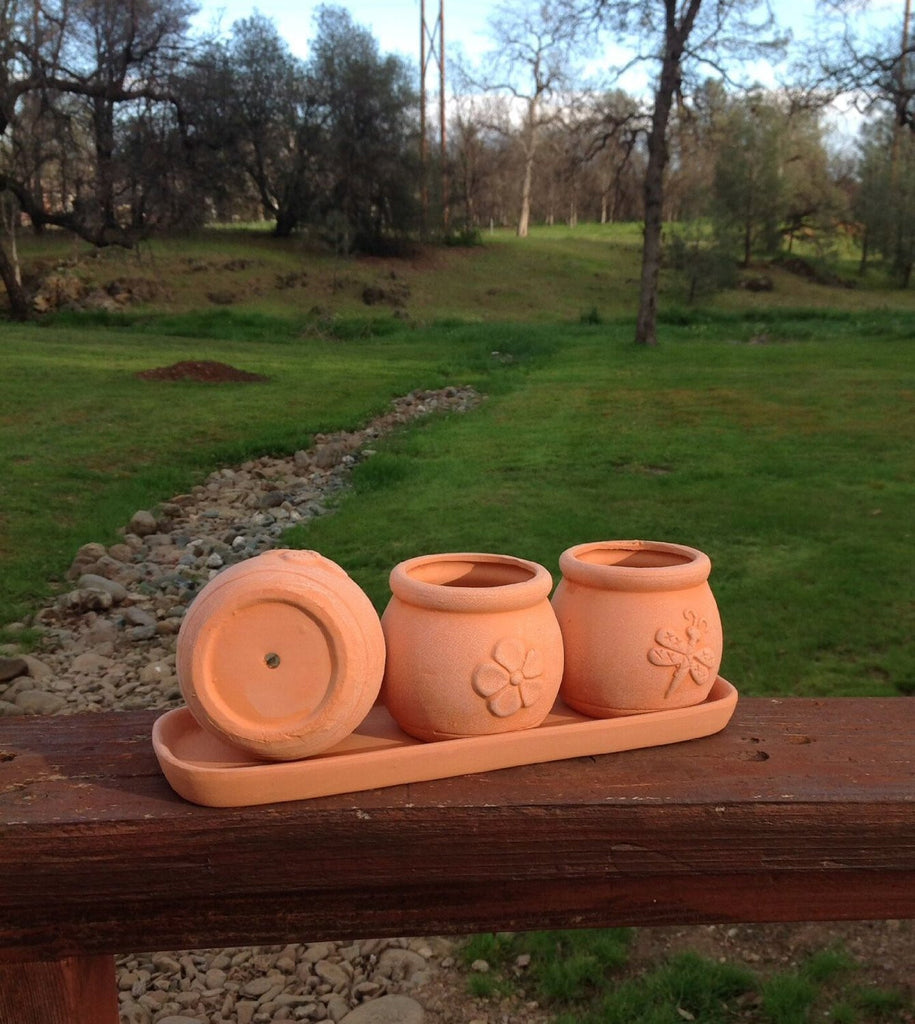 round clay pots for plants Terracotta Clay Set of 3 Small Round Embossed Earthenware Planters or Herb Pots and Tray