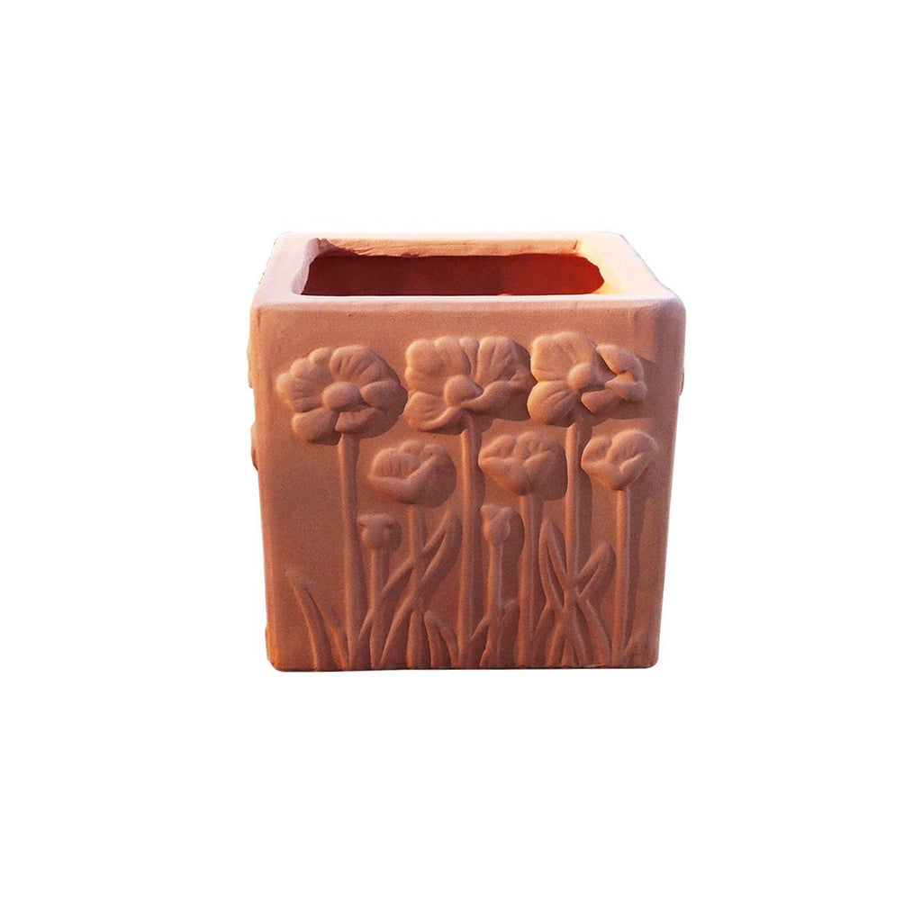 Set of 2 Natural Colored Terracotta Flower Encrusted Square Shaped Planters
