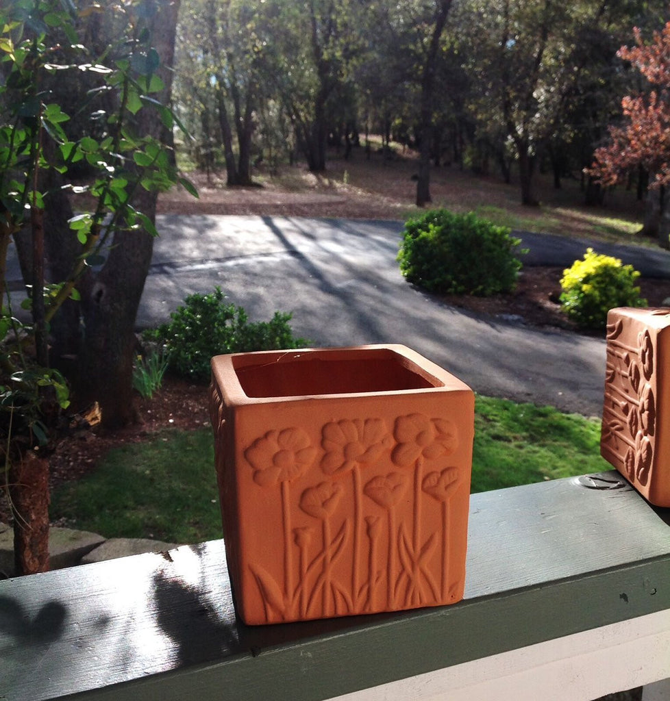 Set of 2 Natural Colored Terracotta Flower Encrusted Square Shaped Planters
