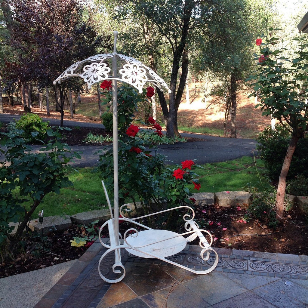 Antique Cream White Iron Plant Stand or Planter Holder with Floral Umbrella Highlight