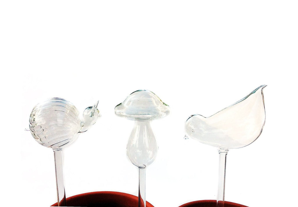 Set of 3 Small Hand Blown Glass Self Watering Globes in Shape of Mushroom, Bird, Snail