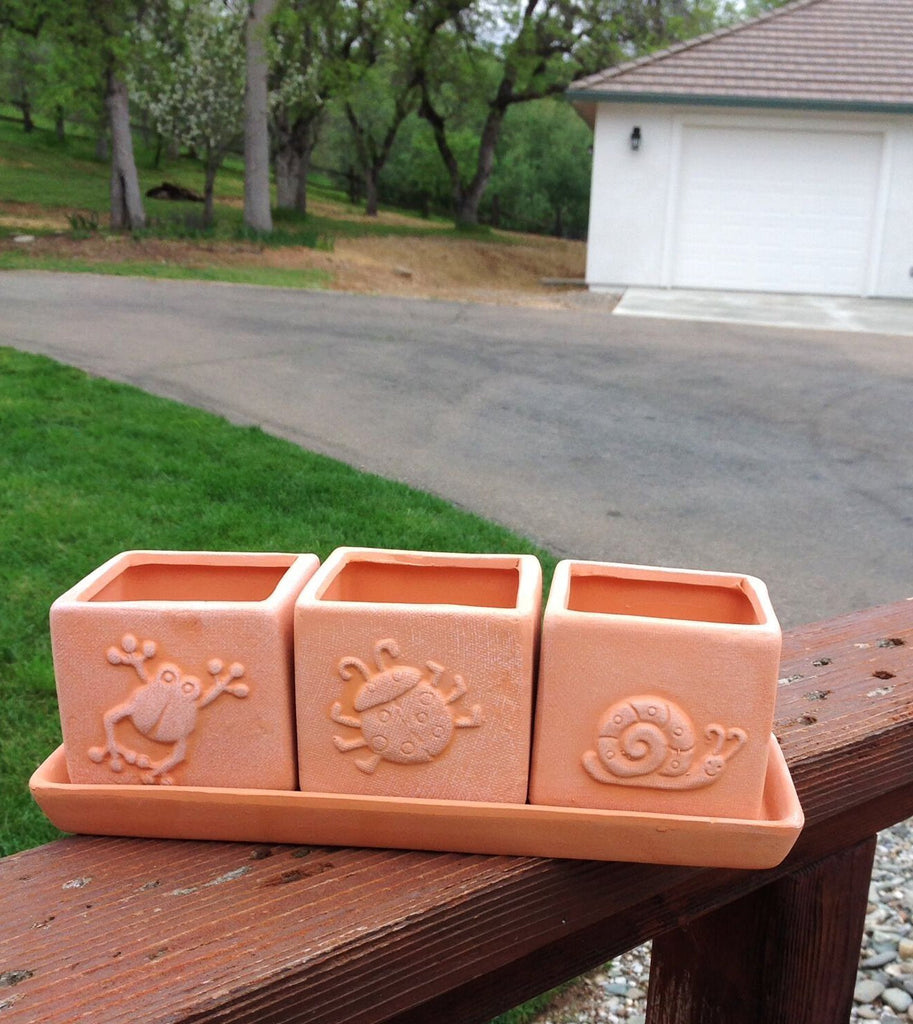 Terracotta Set of 3 Small Square Planters or Herb Square Pots with Tray
