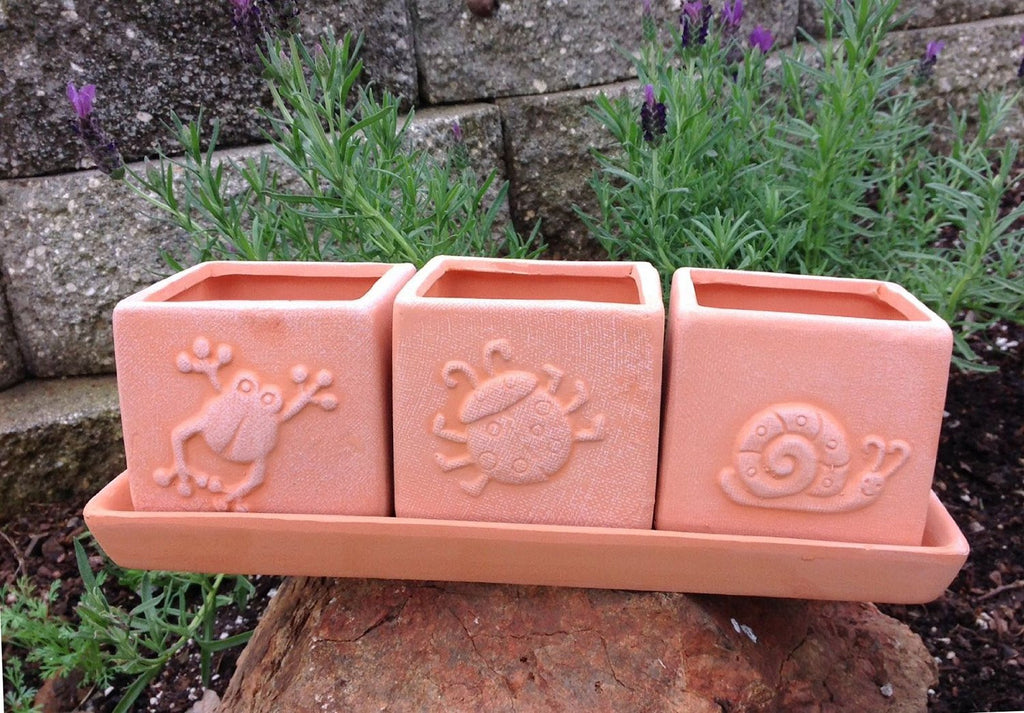 small square terracotta plant pots Terracotta Set of 3 Small Square Planters or Herb Square Pots with Tray