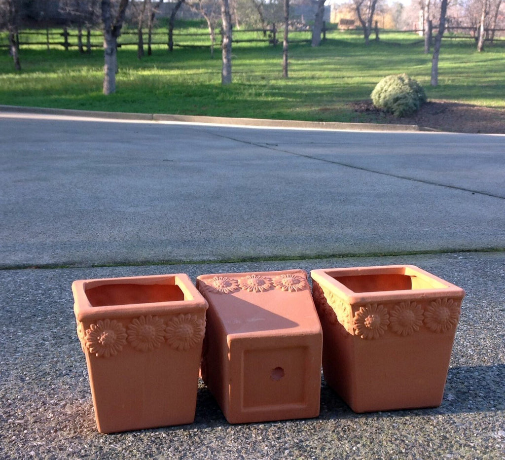 Set of 3 Natural Terra Cotta Flower Embellished Square Shaped Garden Planters with Drain Holes