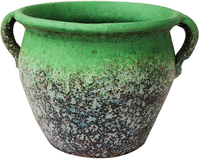 Egyptian Era Designed Earthen Ware Terra-Cotta Vessel/Planter with Looped Handles. Distressed Teal Green