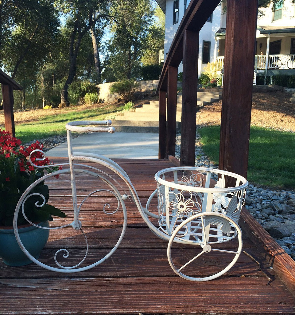 Antique White Iron Tricycle Plant Stand or Planter Holder