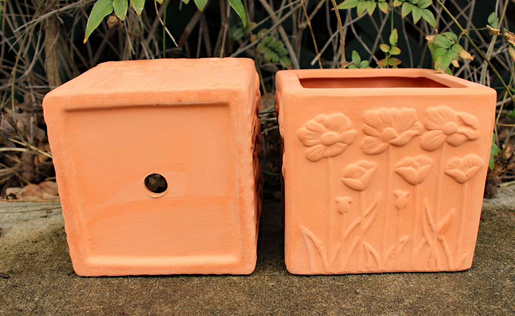Set of 2 Natural Colored Terracotta Flower Encrusted Square Shaped Planters