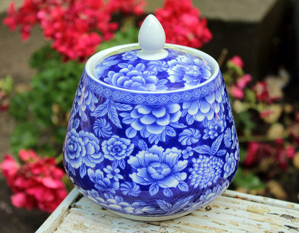 Beautiful Blue and White Decorative Tulip Shaped Floral Container or Jar