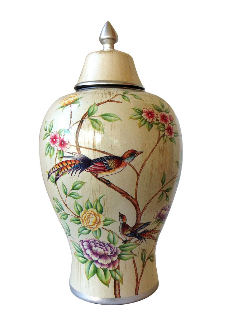 Elegant Cream Floral Highlighted Storage Jar or Urn for the Designer Home, 2 sizes available