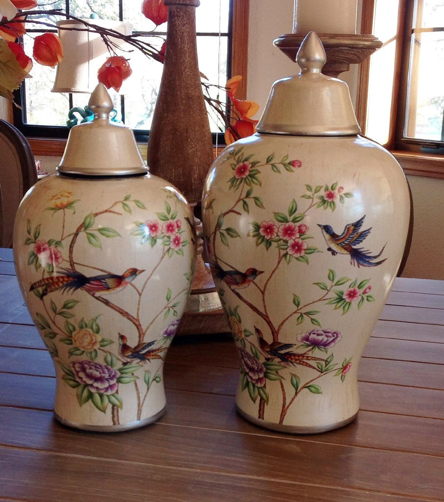 Elegant Cream Floral Highlighted Storage Jar or Urn for the Designer Home, 2 sizes available