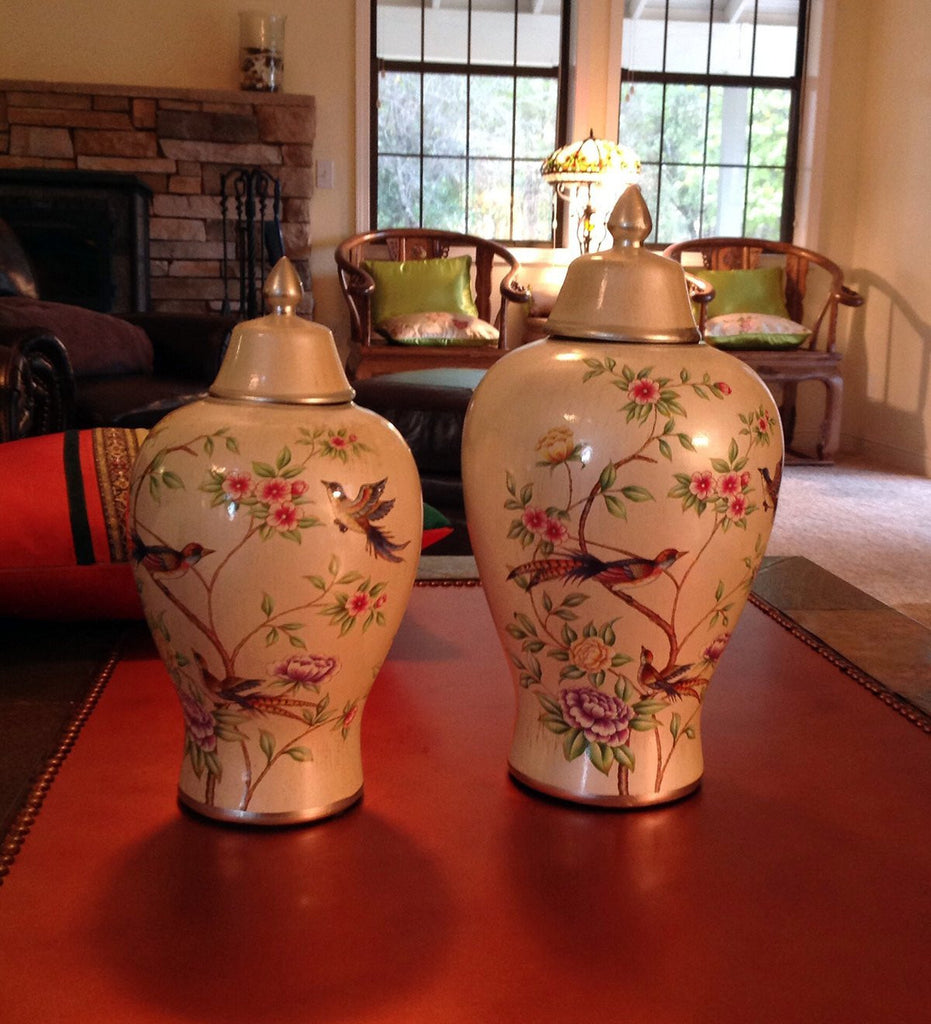 Elegant Cream Floral Highlighted Storage Jar or Urn for the Designer Home, 2 sizes available