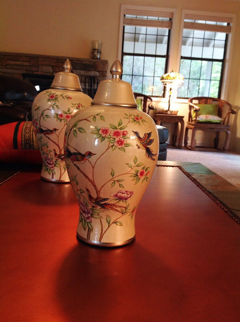 Elegant Cream Floral Highlighted Storage Jar or Urn for the Designer Home, 2 sizes available