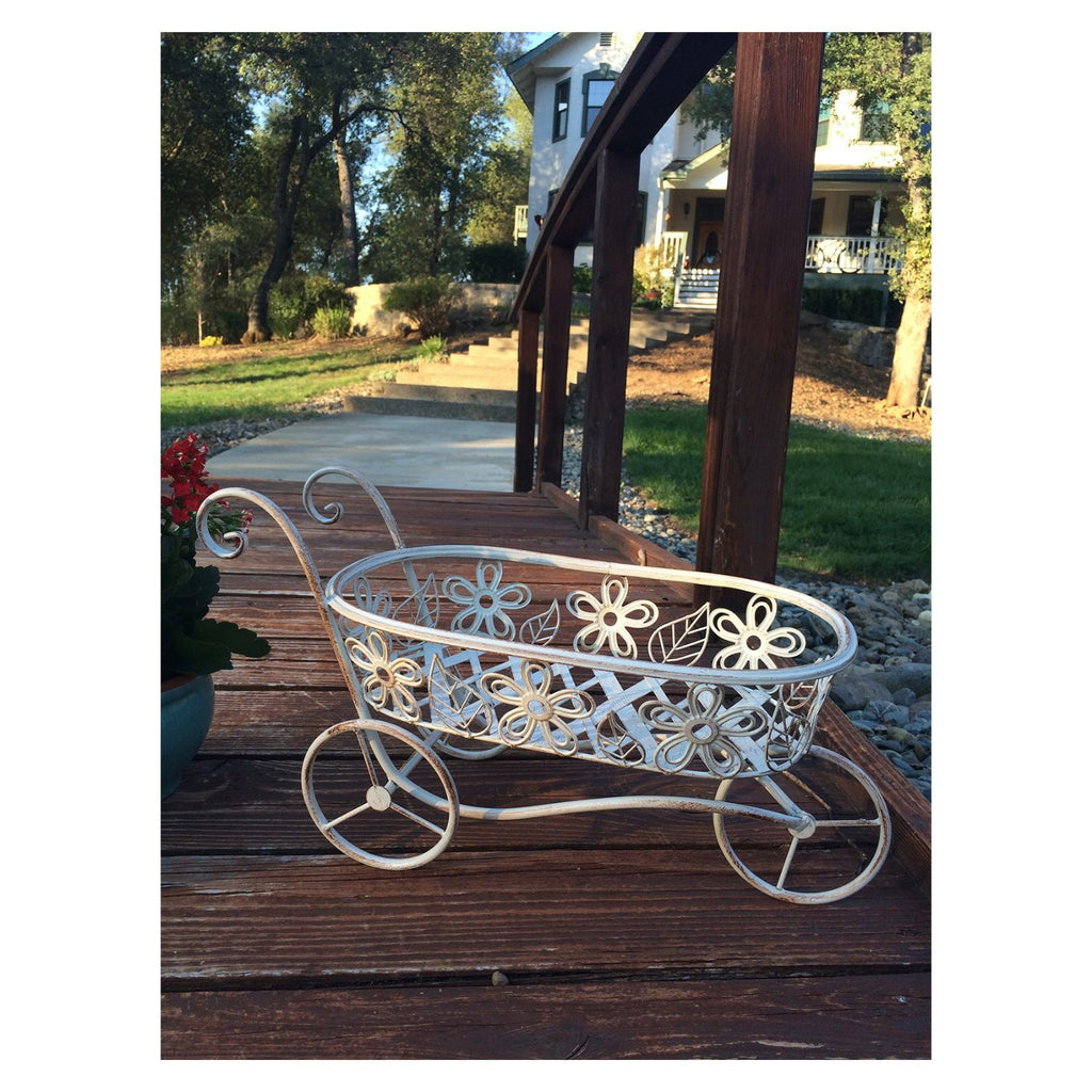 Antique White Iron Race Track Wheelbarrow Shaped Basket and Planter Holder