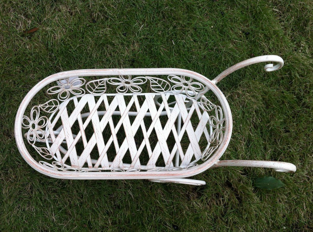 Antique White Iron Race Track Wheelbarrow Shaped Basket and Planter Holder