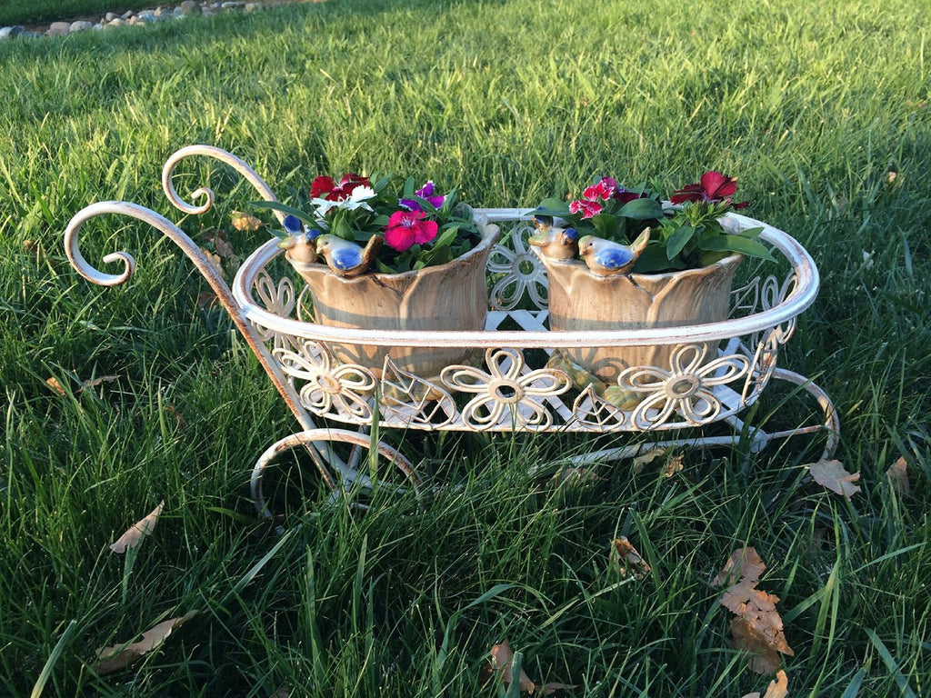 Antique White Iron Race Track Wheelbarrow Shaped Basket and Planter Holder