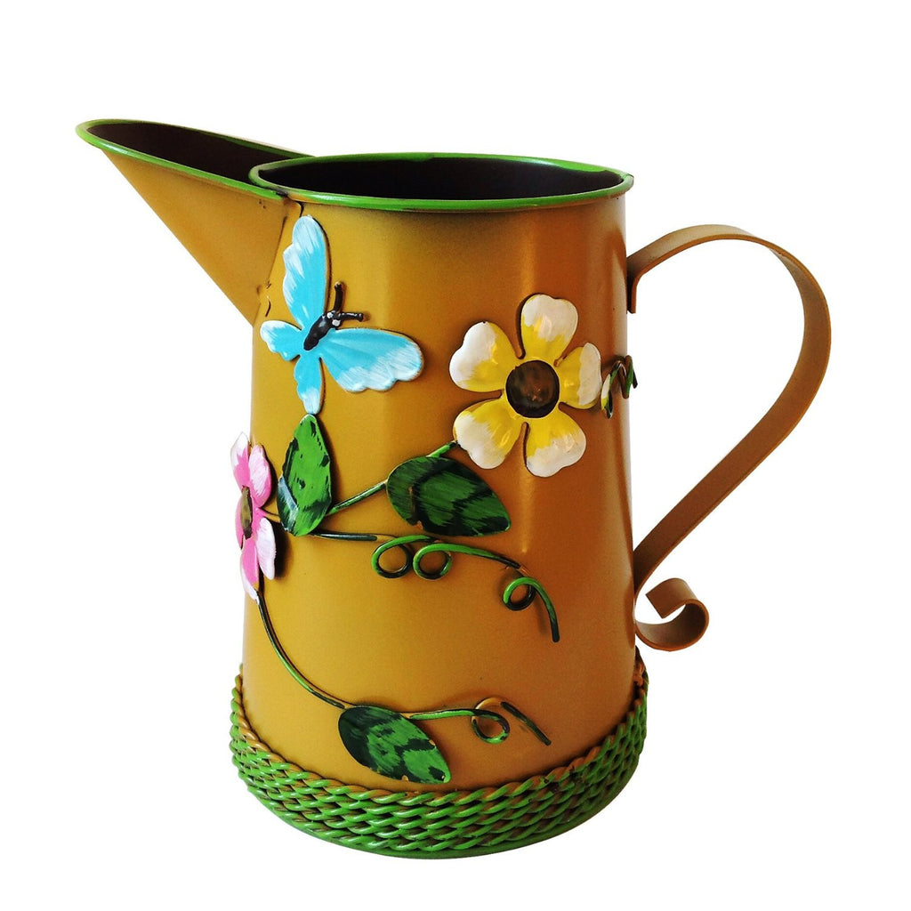Country Chic Metal Watering Can with Raised Ladybug and Floral Highlights